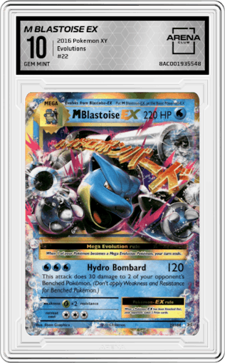 M Blastoise EX from the 2016 Pokemon XY set graded by Arena Club and given an overall grade of 10.