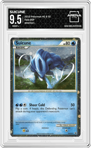 Suicune from the 2010 Pokemon HG & SS set graded by Arena Club and given an overall grade of 9.5.