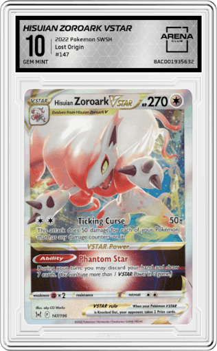 Hisuian Zoroark VSTAR from the 2022 Pokemon SWSH set graded by Arena Club and given an overall grade of 10.