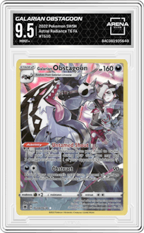 Galarian Obstagoon from the 2022 Pokemon SWSH set graded by Arena Club and given an overall grade of 9.5.