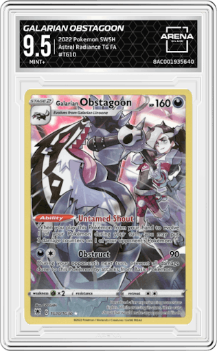 Galarian Obstagoon from the 2022 Pokemon SWSH set graded by Arena Club and given an overall grade of 9.5.