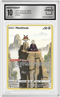 Hoothoot from the 2022 Pokemon SWSH set graded by Arena Club and given an overall grade of 10.