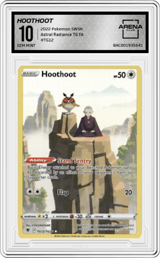 Hoothoot from the 2022 Pokemon SWSH set graded by Arena Club and given an overall grade of 10.