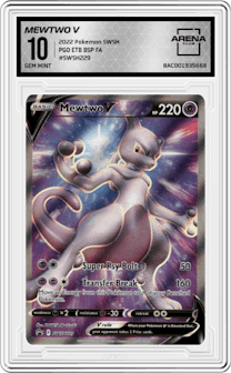 Mewtwo V from the 2022 Pokemon SWSH set featuring a Pokemon Go Elite Trainer Box parallel graded by Arena Club and given an overall grade of 10.