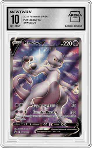 Mewtwo V from the 2022 Pokemon SWSH set featuring a Pokemon Go Elite Trainer Box parallel graded by Arena Club and given an overall grade of 10.