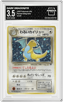 Dark Dragonite from the 1997 Pokemon JPN set graded by Arena Club and given an overall grade of 3.5.