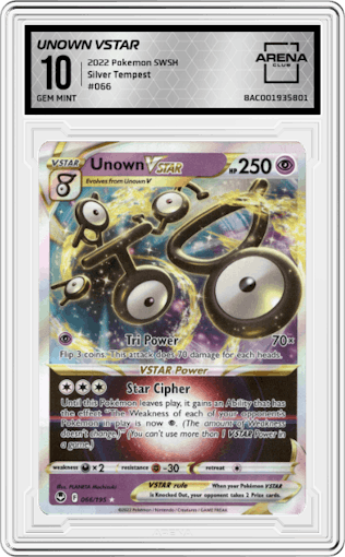 Unown VSTAR from the 2022 Pokemon SWSH set graded by Arena Club and given an overall grade of 10.
