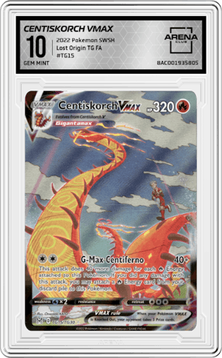 Centiskorch VMAX from the 2022 Pokemon SWSH set graded by Arena Club and given an overall grade of 10.