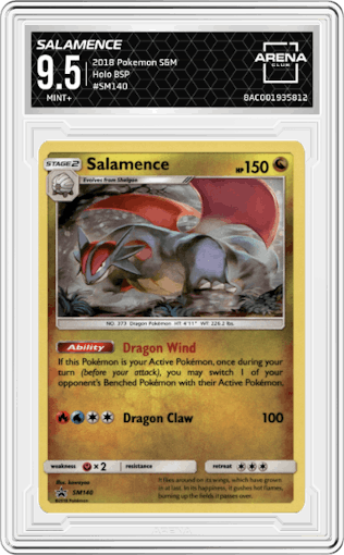 Salamence from the 2018 Pokemon S&M  set graded by Arena Club and given an overall grade of 9.5.