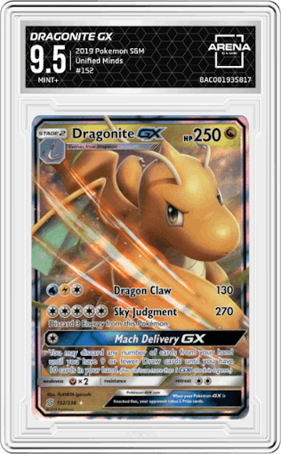 Dragonite GX from the 2019 Pokemon S&M  set graded by Arena Club and given an overall grade of 9.5.