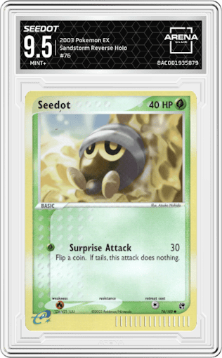 Seedot from the 2003 Pokemon EX set graded by Arena Club and given an overall grade of 9.5.