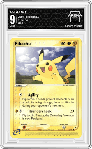Pikachu from the 2004 Pokemon EX set graded by Arena Club and given an overall grade of 9.