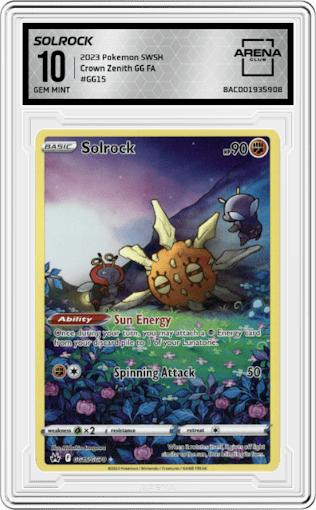 Solrock from the 2023 Pokemon SWSH set graded by Arena Club and given an overall grade of 10.