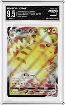 Pikachu VMAX from the 2023 Pokemon SWSH set featuring a Crown Zenith  VMax Special Collection parallel graded by Arena Club and given an overall grade of 9.5.