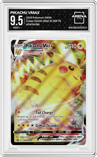 Pikachu VMAX from the 2023 Pokemon SWSH set featuring a Crown Zenith  VMax Special Collection parallel graded by Arena Club and given an overall grade of 9.5.