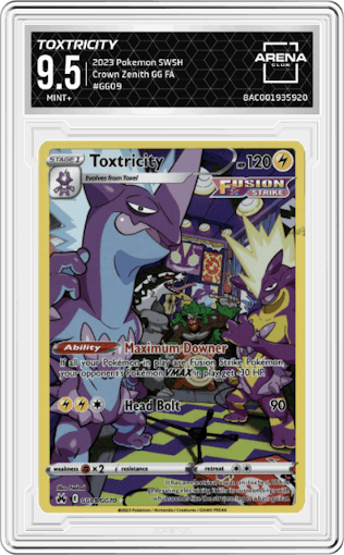 Toxtricity from the 2023 Pokemon SWSH set graded by Arena Club and given an overall grade of 9.5.