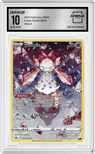 Diancie from the 2023 Pokemon SWSH set graded by Arena Club and given an overall grade of 10.