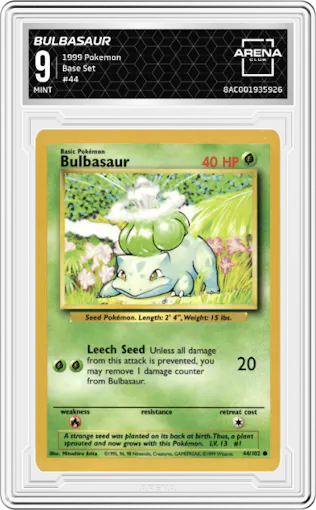 Bulbasaur from the 1999 Pokemon set graded by Arena Club and given an overall grade of 9.