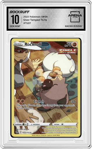 Rockruff from the 2022 Pokemon SWSH set graded by Arena Club and given an overall grade of 10.
