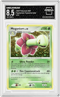Meganium from the 2007 Pokemon D&P set graded by Arena Club and given an overall grade of 8.5.