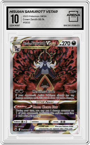 Hisuian Samurott VSTAR
 from the 2023 Pokemon SWSH set graded by Arena Club and given an overall grade of 10.