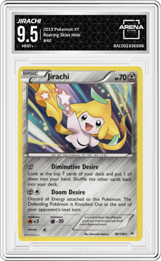 Jirachi from the 2015 Pokemon XY set graded by Arena Club and given an overall grade of 9.5.