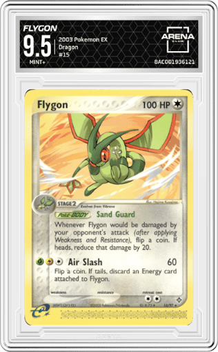 Flygon from the 2003 Pokemon EX set graded by Arena Club and given an overall grade of 9.5.