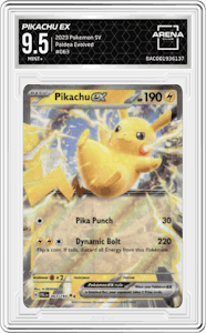 Pikachu ex from the 2023 Pokemon SV set graded by Arena Club and given an overall grade of 9.5.