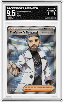 Professor's Research from the 2023 Pokemon SV set graded by Arena Club and given an overall grade of 9.5.