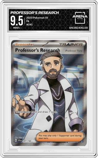 Professor's Research from the 2023 Pokemon SV set graded by Arena Club and given an overall grade of 9.5.