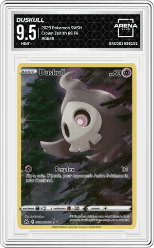 Duskull from the 2023 Pokemon SWSH set graded by Arena Club and given an overall grade of 9.5.