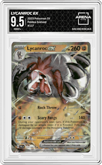 Lycanroc ex from the 2023 Pokemon SV set graded by Arena Club and given an overall grade of 9.5.