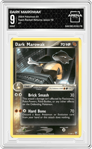 Dark Marowak from the 2004 Pokemon EX set featuring a Jessie Theme Deck parallel graded by Arena Club and given an overall grade of 9.