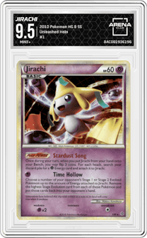 Jirachi from the 2010 Pokemon HG & SS set graded by Arena Club and given an overall grade of 9.5.