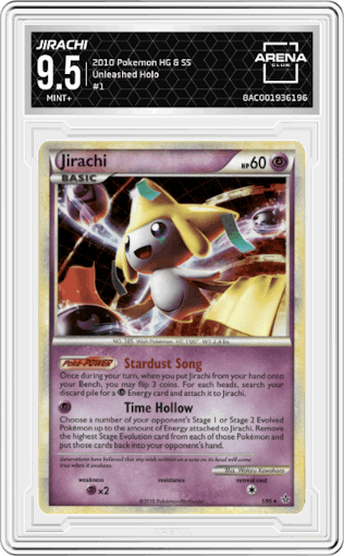 Jirachi from the 2010 Pokemon HG & SS set graded by Arena Club and given an overall grade of 9.5.