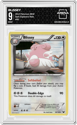 Blissey from the 2012 Pokemon B&W set graded by Arena Club and given an overall grade of 9.