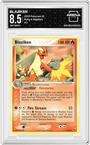 Blaziken from the 2003 Pokemon EX set graded by Arena Club and given an overall grade of 8.5.