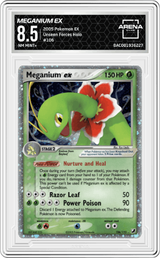 Meganium EX from the 2005 Pokemon EX set graded by Arena Club and given an overall grade of 8.5.