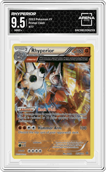 Rhyperior from the 2015 Pokemon XY set graded by Arena Club and given an overall grade of 9.5.