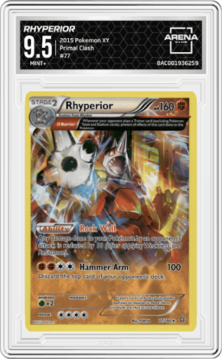 Rhyperior from the 2015 Pokemon XY set graded by Arena Club and given an overall grade of 9.5.