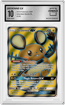 Dedenne GX from the 2019 Pokemon S&M  set graded by Arena Club and given an overall grade of 10.