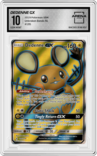 Dedenne GX from the 2019 Pokemon S&M  set graded by Arena Club and given an overall grade of 10.