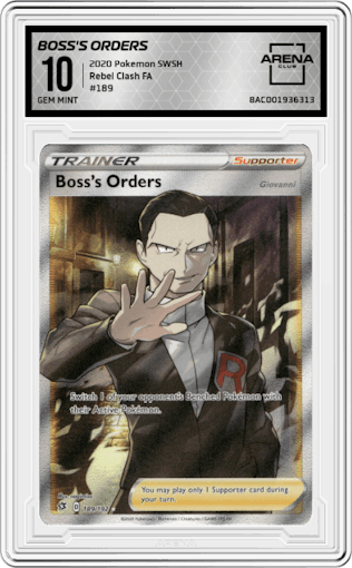Boss's Orders from the 2020 Pokemon SWSH set graded by Arena Club and given an overall grade of 10.