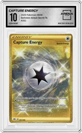 Capture Energy from the 2020 Pokemon SWSH set graded by Arena Club and given an overall grade of 10.