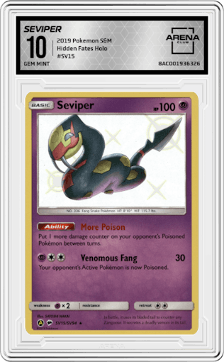 Seviper from the 2019 Pokemon S&M  set graded by Arena Club and given an overall grade of 10.