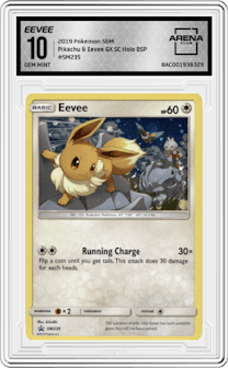 Eevee from the 2019 Pokemon S&M  set featuring a Pikachu GX & Eevee GX Special Collection parallel graded by Arena Club and given an overall grade of 10.