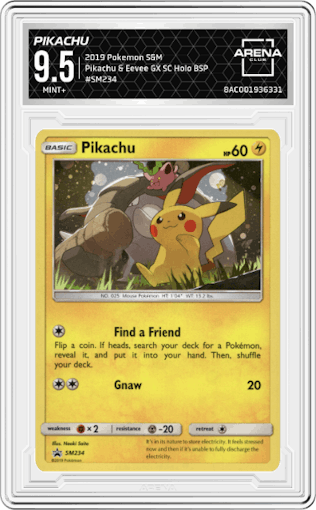 Pikachu from the 2019 Pokemon S&M  set featuring a Pikachu GX & Eevee GX Special Collection parallel graded by Arena Club and given an overall grade of 9.5.