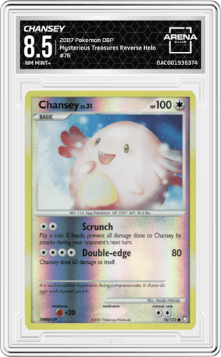 Chansey  from the 2007 Pokemon D&P set graded by Arena Club and given an overall grade of 8.5.