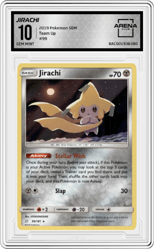 Jirachi from the 2019 Pokemon S&M  set graded by Arena Club and given an overall grade of 10.