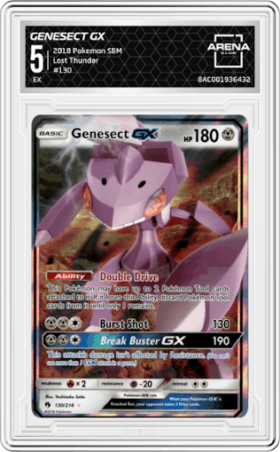 Genesect GX from the 2018 Pokemon S&M  set graded by Arena Club and given an overall grade of 5.